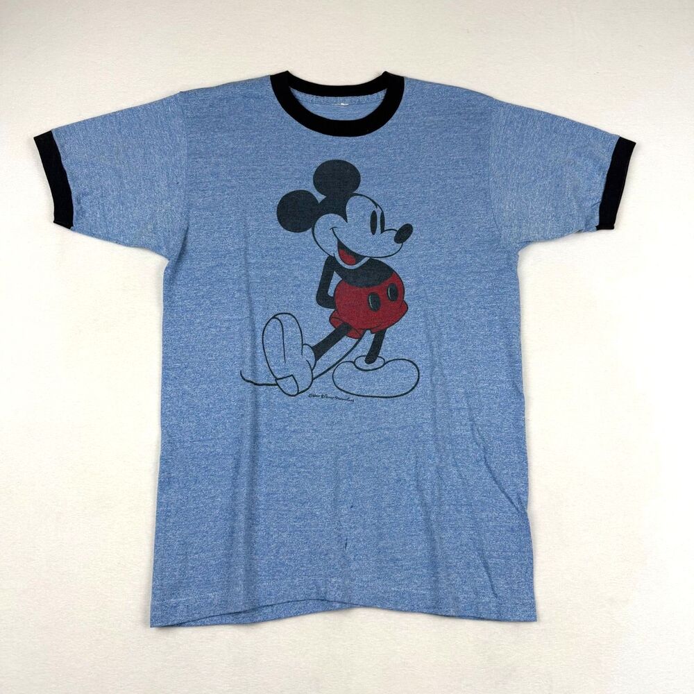 Vtg 70s 80s Mickey Mouse Ringer T Shirt Walt Disney Single Stitch Heather Blue S